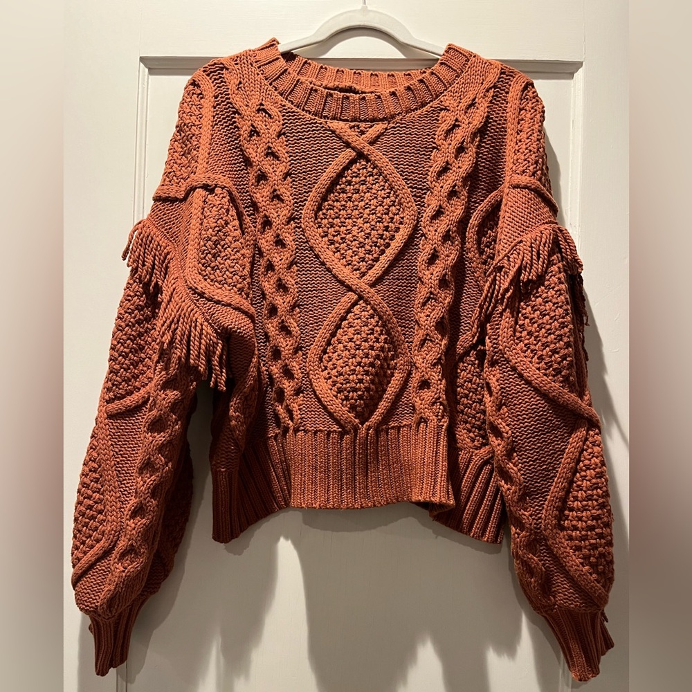 Cozy cable knit, earthy sweater with fringe - Line and Dot size S